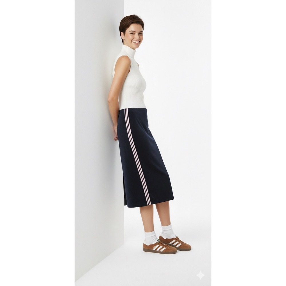 NWT Elie Tahari Velvet Midi Skirt Navy L‎ Side Stripe Office Siren Sporty Chic - Picture 15 of 16